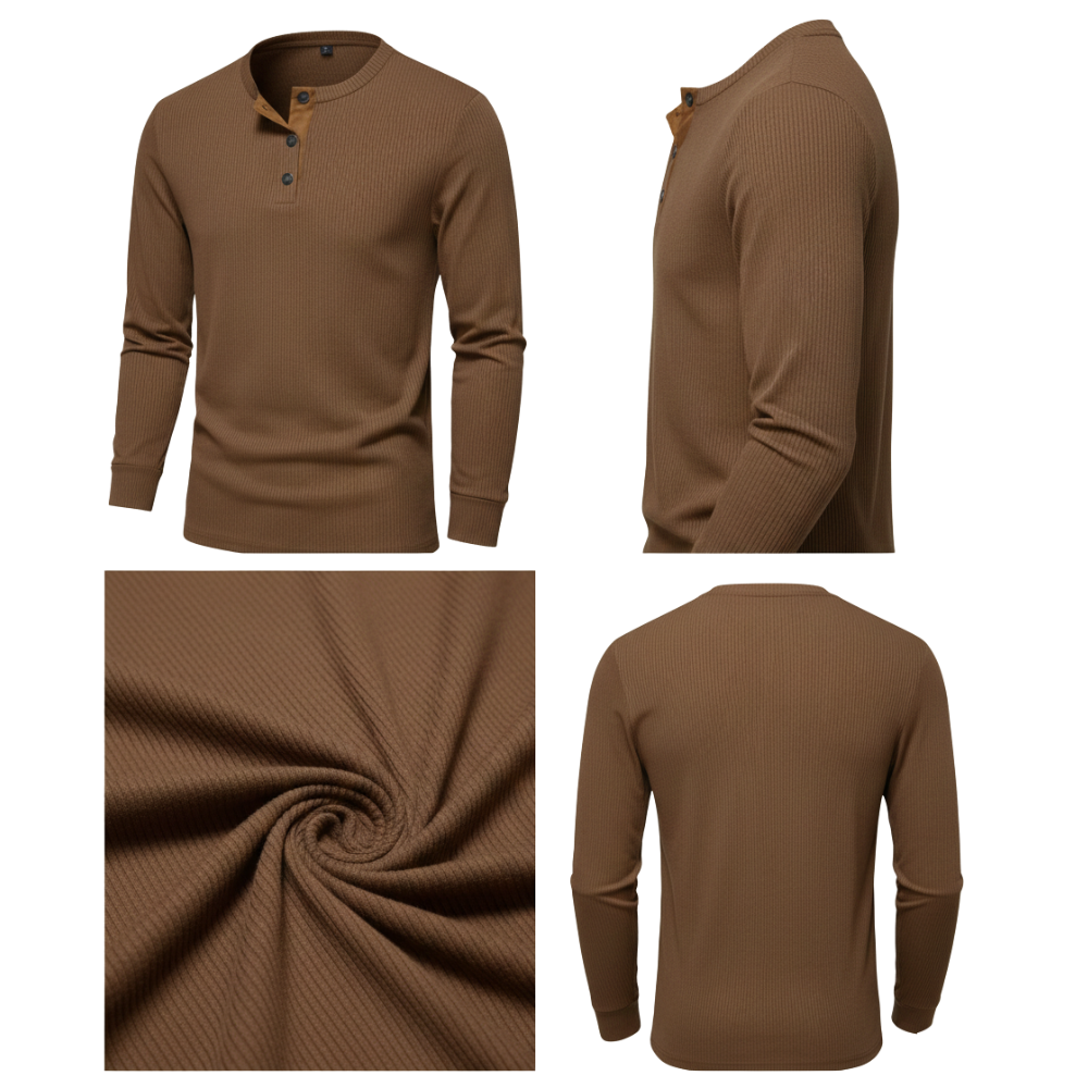 Koszula męska długi rękaw klasyczny krój zapinana na guziki Arkadya Outlet w kolorze brązowym pokazana z przodu, boku i tyłu oraz zbliżenie na fakturę materiału; posiada klasyczny fason i ściągane mankiety.