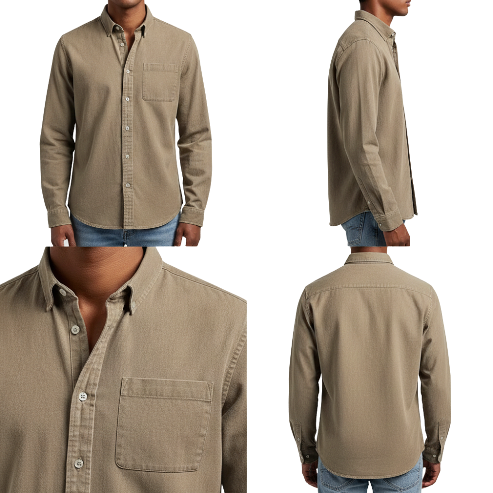 Mężczyzna modeluje model Arkadya Outlet Koszula męska klasyczny krój prosta linia regularna długość w kolorze khaki z kieszenią na piersi, pokazany pod każdym kątem i w zbliżeniu. Idealna do pracy biurowej, stylizowana z niebieskimi jeansami.
