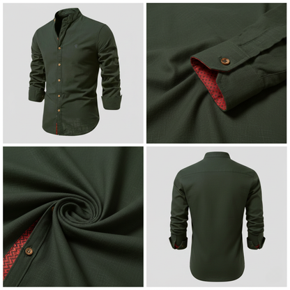 Kolaż przedstawia Arkadya Outlet Koszula męska kołnierz stójka długi rękaw krój regularny z brązowymi guzikami, czerwonymi wzorzystymi mankietami wewnętrznymi i plisą, zbliżeniami tkaniny oraz widokiem z tyłu na jasnym tle.