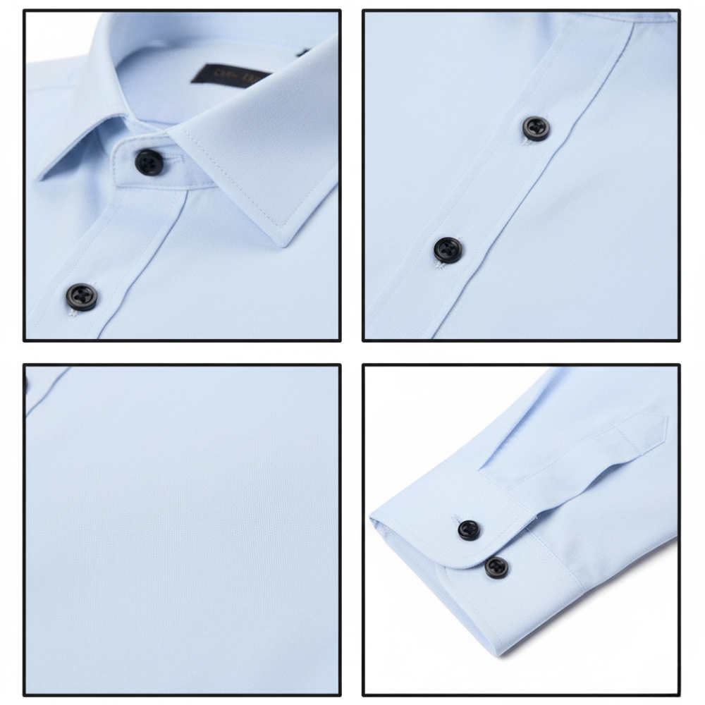 Cztery zbliżenia jasnoniebieskiej koszuli męskiej krój slim długi rękaw zapinana na guziki marki Arkadya Outlet przedstawiają kołnierzyk, guziki, plisę, fakturę materiału i mankiet zapinany na jeden guzik. Dopasowany krój dodaje nowoczesnego stylu.
