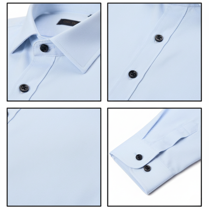 Cztery zbliżenia jasnoniebieskiej koszuli męskiej krój slim długi rękaw zapinana na guziki marki Arkadya Outlet przedstawiają kołnierzyk, guziki, plisę, fakturę materiału i mankiet zapinany na jeden guzik. Dopasowany krój dodaje nowoczesnego stylu.