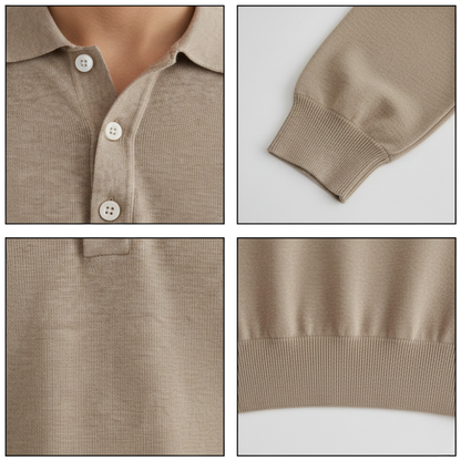 Kolaż zbliżeń przedstawia męską koszulkę polo Arkadya Outlet Koszulka: półguziki, kołnierz, prążkowany mankiet długiego rękawa, fragment korpusu i prążkowany dół.