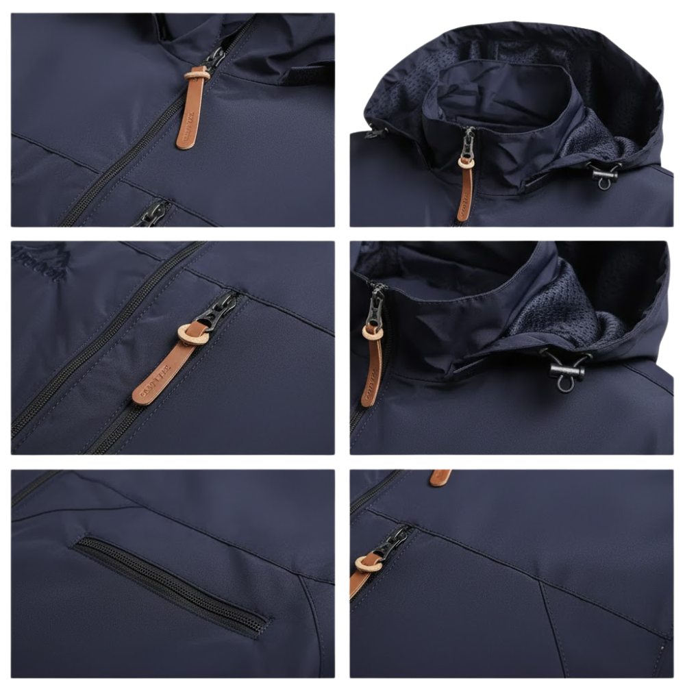 Sześć zdjęć z bliska prezentuje kurtkę wiatrówkę męską lekką z kapturem na pełny zamek marki Arkadya Outlet, wyposażoną w brązowe skórzane zamki błyskawiczne, odpinany kaptur, teksturowaną podszewkę, zapinane na zamek kieszenie na piersi i po bokach oraz solidne szwy.