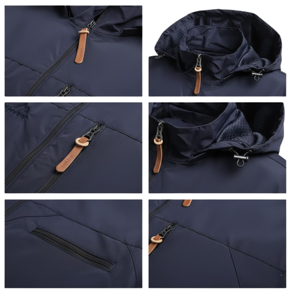 Sześć zdjęć z bliska prezentuje kurtkę wiatrówkę męską lekką z kapturem na pełny zamek marki Arkadya Outlet, wyposażoną w brązowe skórzane zamki błyskawiczne, odpinany kaptur, teksturowaną podszewkę, zapinane na zamek kieszenie na piersi i po bokach oraz solidne szwy.