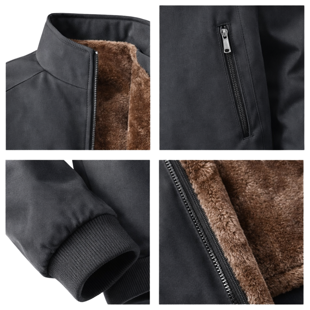 Kolaż przedstawia zbliżenia na kurtkę Arkadya Outlet Kurtka Zimowa Męska Stójka z Zapięciem Guzikowym Przodem, ukazując jej czarny kolor, miękką podszewkę z brązowego polaru, szczegółowy kołnierz, kieszeń zapinaną na suwak, prążkowany mankiet i widoczny polar przy suwaku.