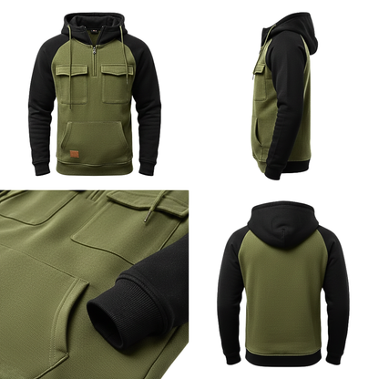 Kolaż przedstawiający model Arkadya Outlet Bluza męska dwukolorowa z kapturem i kieszeniami z przodu w kolorze zielono-czarnym, pokazany pod różnymi kątami ze zbliżeniami przednich kieszeni i detali rękawów.