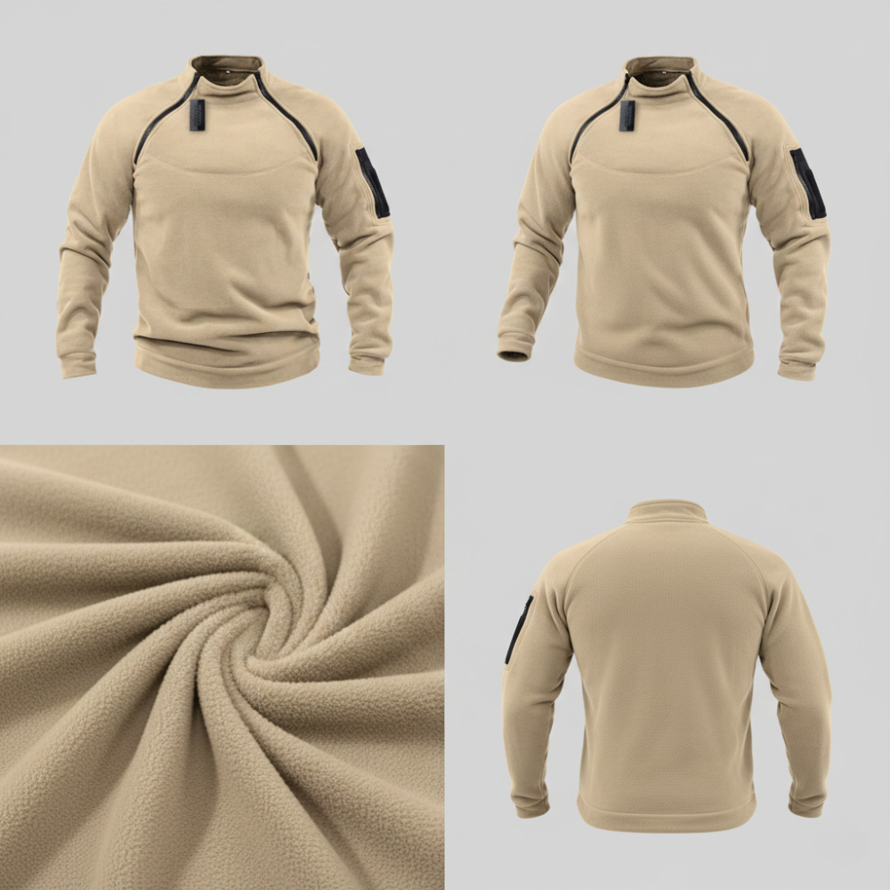 Arkadya Outlet Bluza męska polarowa długi rękaw z kieszeniami jest prezentowana z przodu, z boku i z tyłu, ze zbliżeniem na miękki materiał, kołnierz z zamkiem błyskawicznym i czarną kieszeń na rękawie.