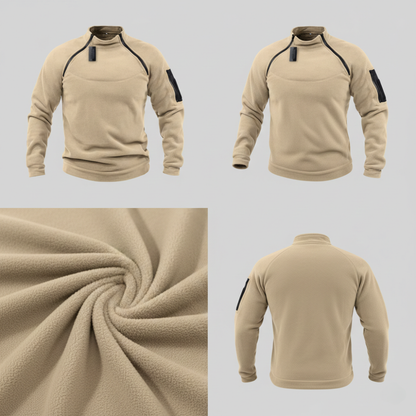 Arkadya Outlet Bluza męska polarowa długi rękaw z kieszeniami jest prezentowana z przodu, z boku i z tyłu, ze zbliżeniem na miękki materiał, kołnierz z zamkiem błyskawicznym i czarną kieszeń na rękawie.