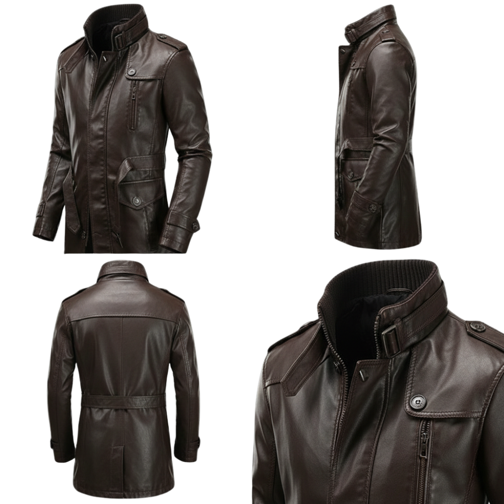 Długa kurtka męska zapięcie na zamek kieszenie stójka przód