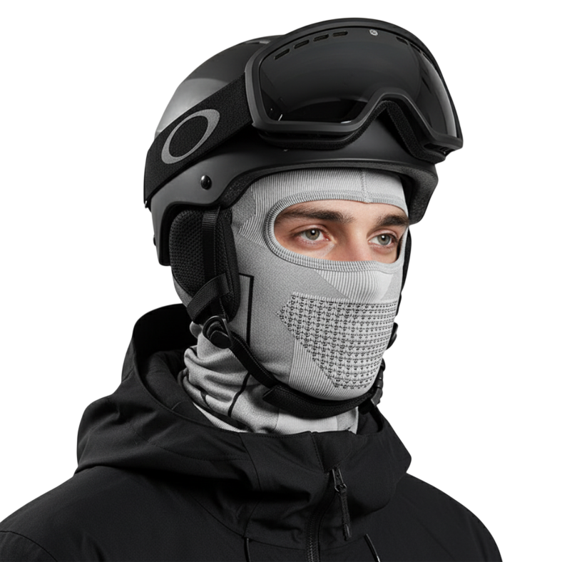 Osoba w odzieży zimowej, ubrana w Arkadya Outlet Kominiarka męska osłona głowy i szyi, czarny kask narciarski z goglami i czarną kurtkę patrzy przed siebie na prostym, jasnym tle.