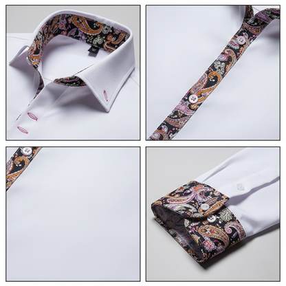 Cztery zbliżenia przedstawiają szczegóły modelu Arkadya Outlet "Koszula męska długi rękaw kołnierzyk zapięcie na guziki przód" - białej koszuli z klasycznym kołnierzykiem i wzorem paisley na wewnętrznym kołnierzyku, plisie guzikowej i mankietach.