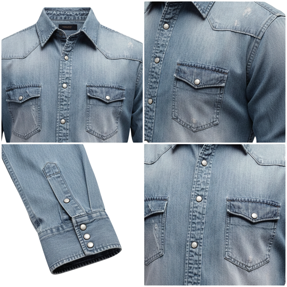 Cztery zbliżenia kurtki Arkadya Outlet Koszula Męska Długi Rękaw Slim Fit Z Kieszeniami Zapinana, przedstawiające perłowe guziki zatrzaskowe, kieszenie na piersi z klapkami i lekkie przetarcia na jasnoniebieskim materiale dżinsowym.