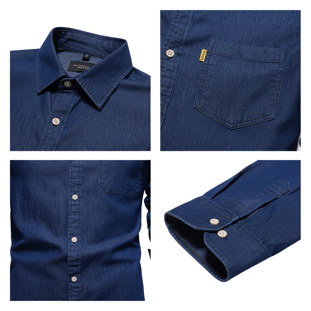 Kolaż ze zbliżeniami koszuli męskiej dopasowany krój zapinana na guziki długi rękaw od Arkadya Outlet: kołnierz, kieszeń na piersi z żółtą metką, tors i mankiet z guzikami.