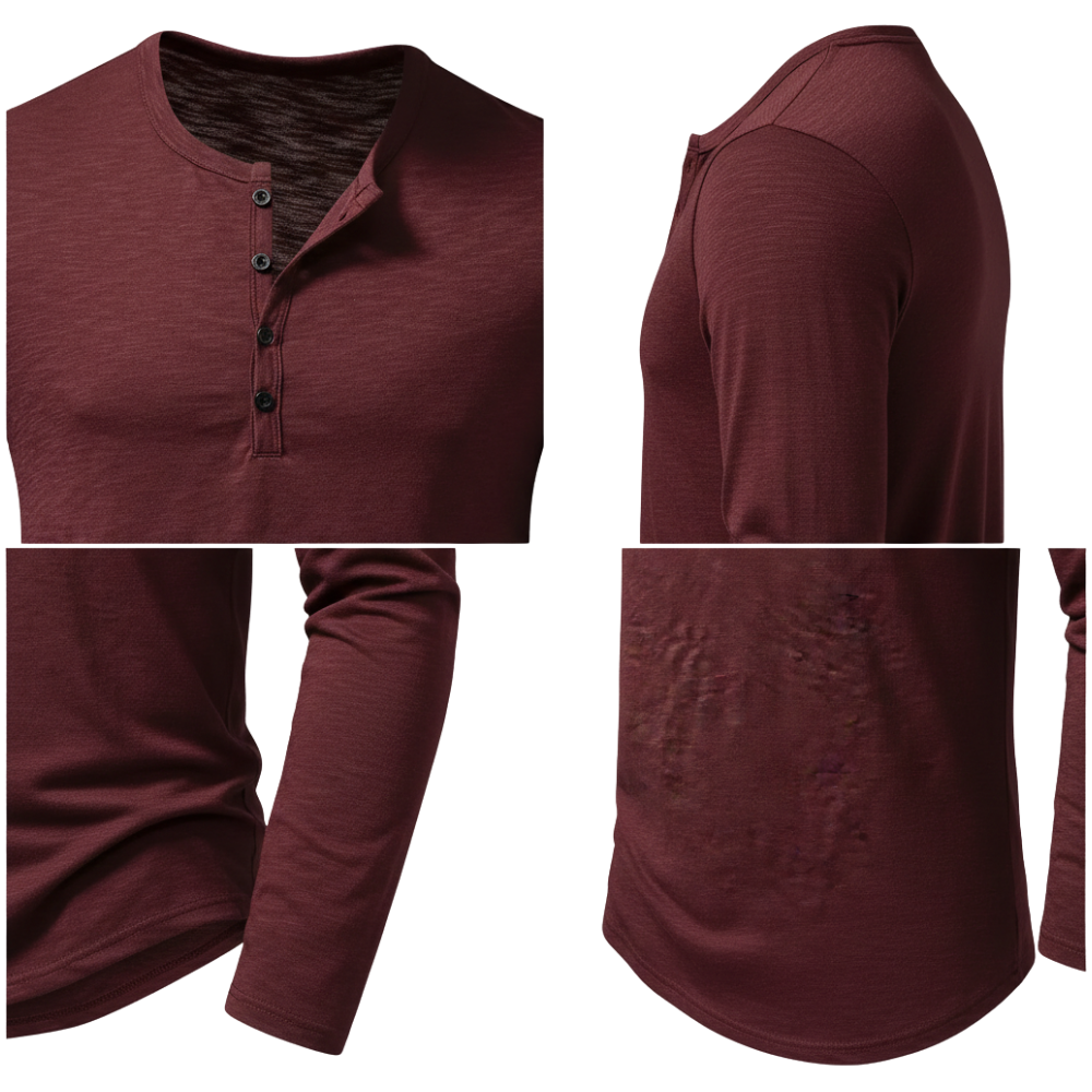 Cztery ujęcia produktu Koszulka Henley Męska Długi Rękaw Dekolt Okrągły Na Guziki od Arkadya Outlet w kolorze burgundowym: przód z guzikami, profil, zbliżenie rękawa i dołu-podkreślają tkaninę i szwy, idealna na co dzień.