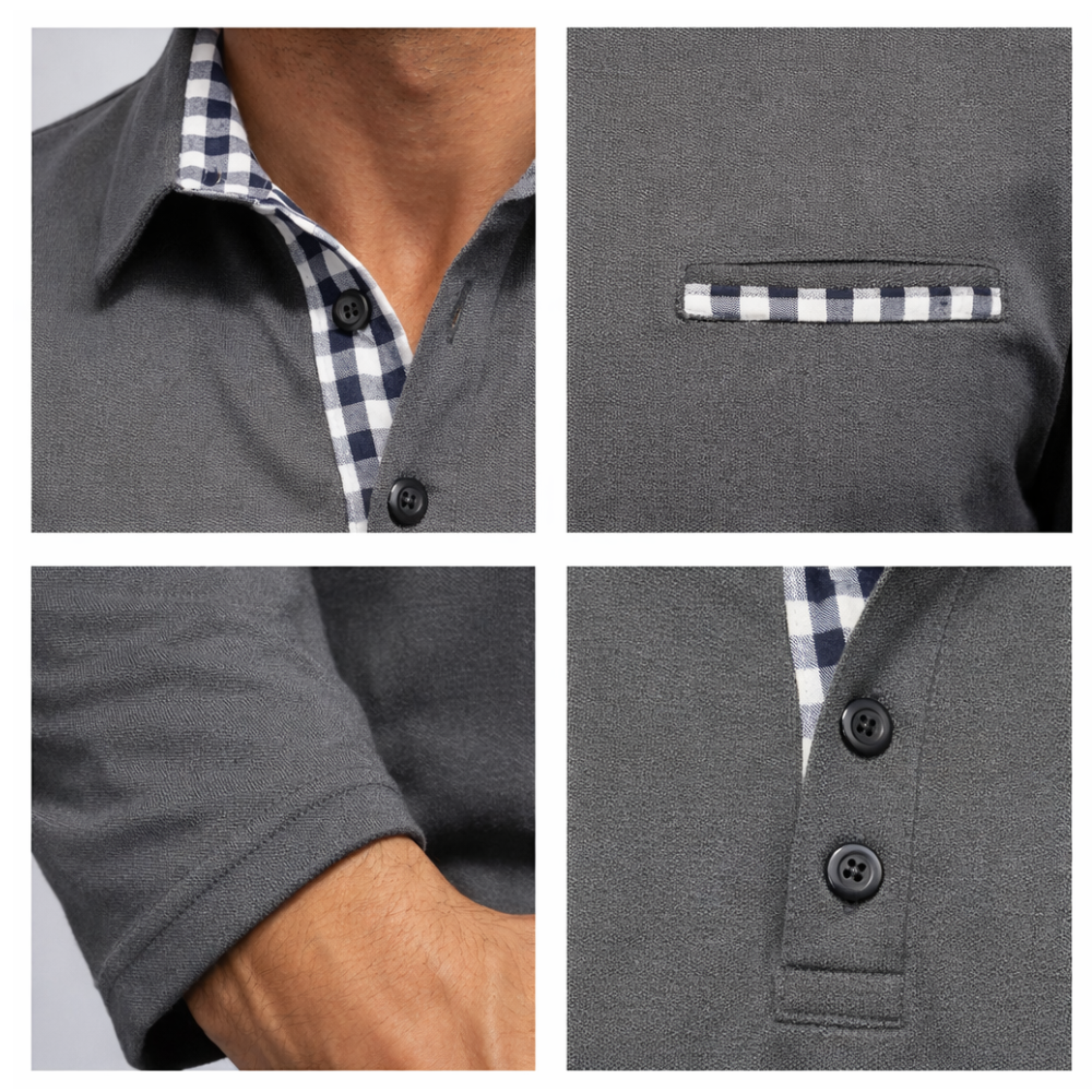 Cztery zdjęcia z bliska koszulki polo męskiej długi rękaw regularny krój z zapięciem marki Arkadya Outlet w kolorze szarym, z podszewką w czarno-białą kratkę przy kołnierzyku, plisie guzikowej, kieszeni na piersi i rękawie.