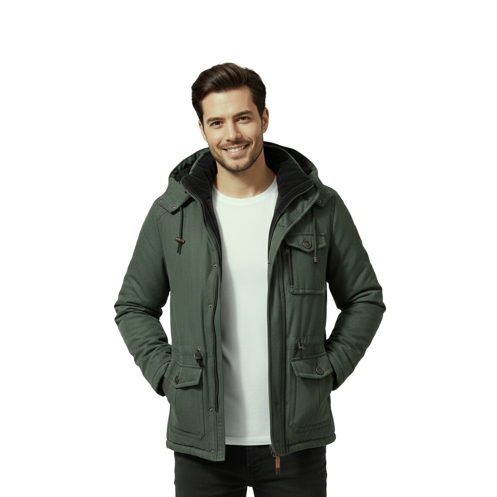 Uśmiechnięty mężczyzna o krótkich brązowych włosach ma na sobie kurtkę Arkadya Outlet Kurtka Bomberka Męska Zimowa na białej koszulce i czarnych spodniach, stojąc z rękami w kieszeniach kurtki na białym tle.