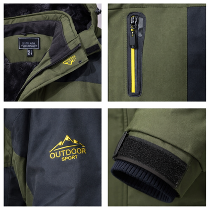 Kolaż czterech zbliżeń przedstawia kurtkę outdoorową Męską Wiatr i Wodoodporna z Ociepleniem Arkadya Outlet: kołnierz, kieszeń zapinaną na żółty zamek, logo Outdoor Sport oraz rękaw zapinany na rzep. Wiatr i woda odporna.