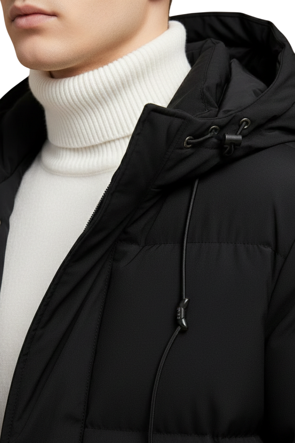 Osoba ubrana w biały prążkowany sweter z golfem i kurtkę Arkadya Outlet Kurtka Parka Męska Długa Pikowana z Kapturem Zimowa Ochronna, pokazana od szyi do klatki piersiowej.