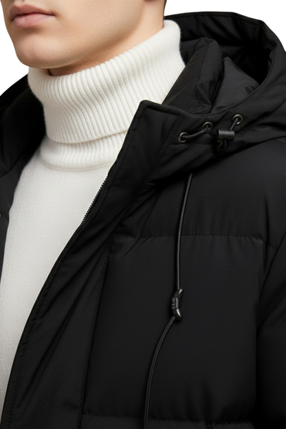 Osoba ubrana w biały prążkowany sweter z golfem i kurtkę Arkadya Outlet Kurtka Parka Męska Długa Pikowana z Kapturem Zimowa Ochronna, pokazana od szyi do klatki piersiowej.