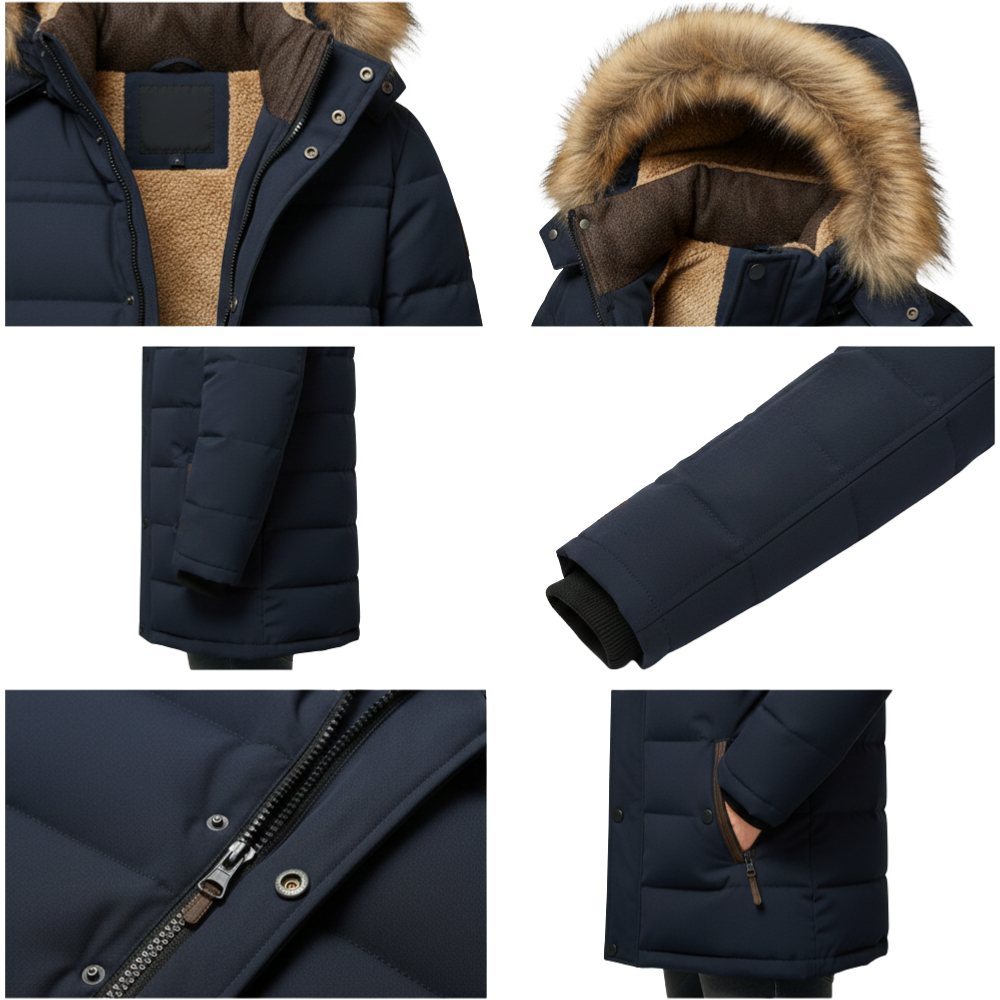 Kolaż przedstawia zbliżenia kurtki męskiej ocieplonej zimą z kapturem marki Arkadya Outlet w kolorze granatowym, z odpinanym kapturem podszytym sztucznym futrem, kieszeniami zapinanymi na zamek, guzikami zatrzaskowymi, prążkowanymi mankietami i ciepłą brązową polarową podszewką.