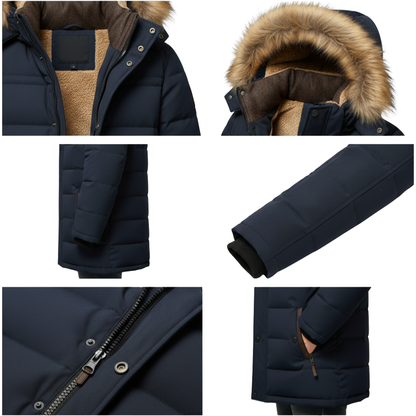 Kolaż przedstawia zbliżenia kurtki męskiej ocieplonej zimą z kapturem marki Arkadya Outlet w kolorze granatowym, z odpinanym kapturem podszytym sztucznym futrem, kieszeniami zapinanymi na zamek, guzikami zatrzaskowymi, prążkowanymi mankietami i ciepłą brązową polarową podszewką.