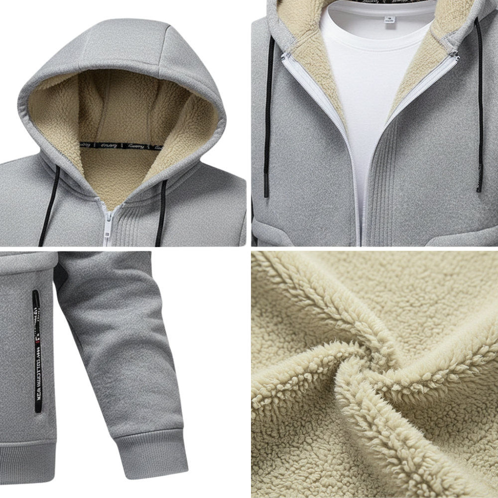 Kolaż przedstawia kurtkę Arkadya Outlet Kurtka Polarowa Męska Luźny Krój Na Jesień I Zimę-szara z kremową polarową podszewką. Zbliżenia pokazują kaptur, zapinaną na zamek kieszeń na rękawie, miękkie wnętrze i zamek z przodu - idealne na jesień i zimę.