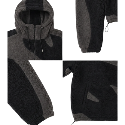 Cztery zbliżenia na kurtkę Arkadya Outlet Kurtka Z Kapturem Męska Luźny Krój Z Zamkiem Regulowana Dołem pokazują szczegóły, takie jak kaptur ze sznurkami, mankiety rękawów, kieszeń boczna i regulowany dół z czarno-szarego polaru przypominającego sherpa - idealnego do noszenia na co dzień.