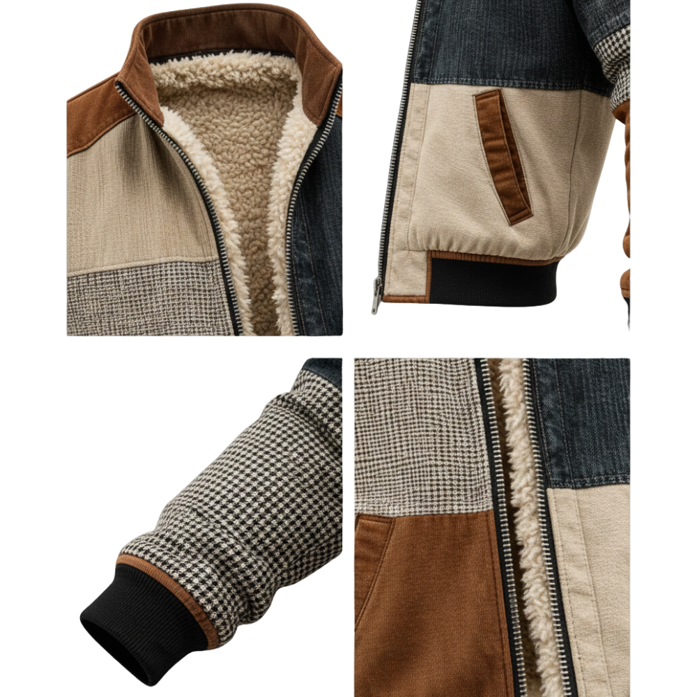 Kolaż przedstawia zbliżenie na Kurtkę Męską Zamek Z Przodu Panelowa marki Arkadya Outlet, która charakteryzuje się patchworkiem z dżinsu, brązowego zamszu, paneli w kratkę i beżu oraz miękką podszewką z shearlingu i lekką, ocieplaną konstrukcją.