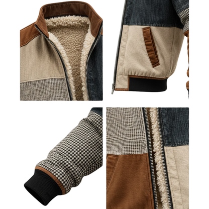 Kolaż przedstawia zbliżenie na Kurtkę Męską Zamek Z Przodu Panelowa marki Arkadya Outlet, która charakteryzuje się patchworkiem z dżinsu, brązowego zamszu, paneli w kratkę i beżu oraz miękką podszewką z shearlingu i lekką, ocieplaną konstrukcją.