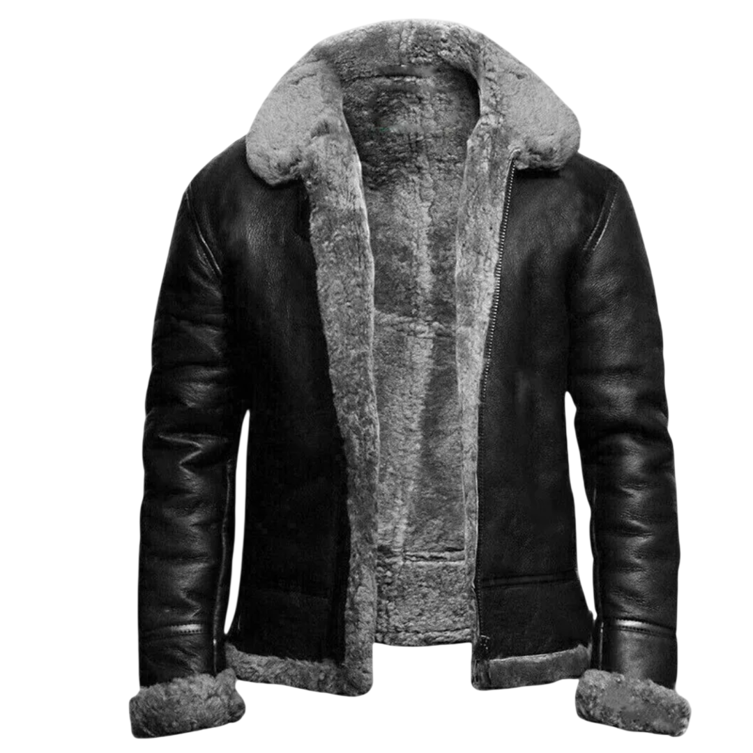 Arkadya Outlet Kurtka zimowa męska długi krój prosty przód posiada czarną skórę, grubą jasnoszarą podszewkę i kołnierz oraz rękawy z mankietami z dopasowanym ścinaniem - idealne do codziennego użytkowania.