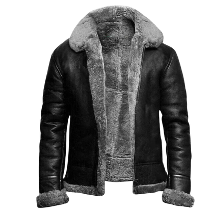 Arkadya Outlet Kurtka zimowa męska długi krój prosty przód posiada czarną skórę, grubą jasnoszarą podszewkę i kołnierz oraz rękawy z mankietami z dopasowanym ścinaniem - idealne do codziennego użytkowania.