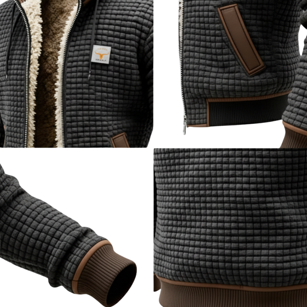 Kolaż zbliżeń kurtki Arkadya Outlet Lekka Kurtka Pikowana Męska Luźny Krój Wysoki Kołnierz w kolorze ciemnoszarym z brązowymi wykończeniami, pikowane kwadraty, prążkowane mankiety i dół, naszywka na piersi, rozmyta beżowa podszewka na suwak i wysoki kołnierz.