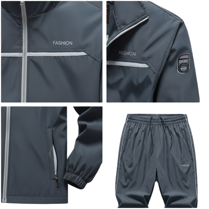 Czteropanelowy obraz przedstawia Arkadya Outlet Dres komplet męski dwuczęściowy: bluza na zamek i spodnie na gumce, z kieszeniami na zamek, metką FASHION i naszywką SPORT na rękawie.