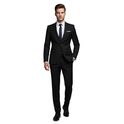 Mężczyzna w Arkadii Outlet Garnitur Męski Dwuczęściowy Marynarka i Spodnie - czarny garnitur, biała koszula i czarny krawat - idzie pewnie przed siebie z jedną ręką w kieszeni i neutralnym wyrazem twarzy na białym tle.