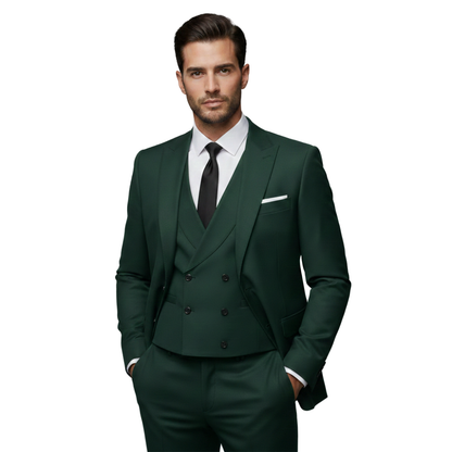 Mężczyzna z ciemnymi włosami i jasnym zarostem modeluje Arkadya Outlet Garnitur Trzyczęściowy Męski Marynarka Kamizelka I Spodnie - ciemnozielony trzyczęściowy garnitur z dwurzędową kamizelką, białą koszulą i czarnym krawatem - stojący na białym tle.