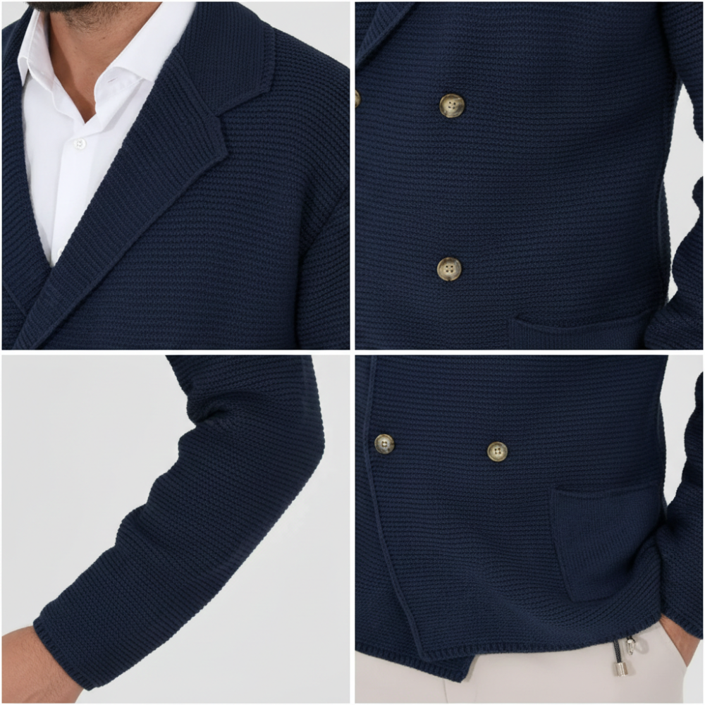 Czteropanelowy kolaż detali zbliżenia na Arkadya Outlet kardigan męski dwurzędowy krój typu marynarka z kołnierzem w kolorze navy: kołnierz z białą koszulą, złote guziki, lewy rękaw i dolna przednia kieszeń. Model ma na sobie jasne spodnie.