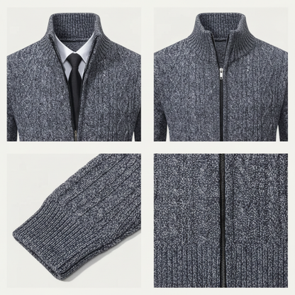 Kolaż przedstawia Arkadya Outlet Kardigan Męski Dzianinowa Konstrukcja Z Zamkiem Błyskawicznym na koszuli i krawacie, z zapinanym na zamek kołnierzem, detalem na rękawie i teksturowaną dzianiną w pobliżu zamka błyskawicznego.