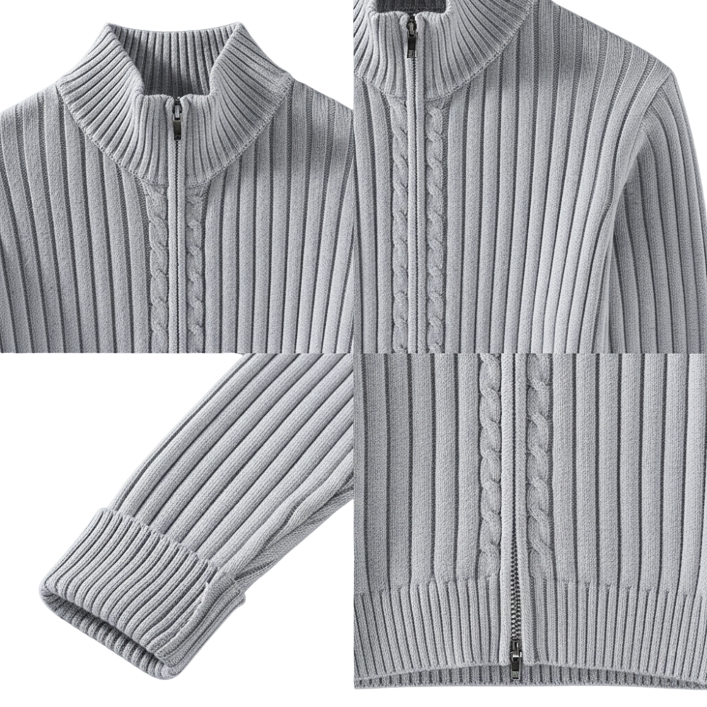 Kolaż przedstawiający zbliżenia detali kurtki Arkadya Outlet Kardigan Męski Dzianinowy Prążkowana Faktura Zamek Długi Rękaw, zapinanej z przodu na zamek błyskawiczny, z dekoltem typu mock neck, prążkowanymi mankietami i dzianinowymi akcentami.