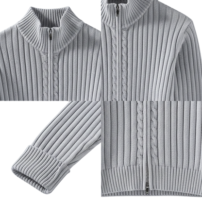 Kolaż przedstawiający zbliżenia detali kurtki Arkadya Outlet Kardigan Męski Dzianinowy Prążkowana Faktura Zamek Długi Rękaw, zapinanej z przodu na zamek błyskawiczny, z dekoltem typu mock neck, prążkowanymi mankietami i dzianinowymi akcentami.