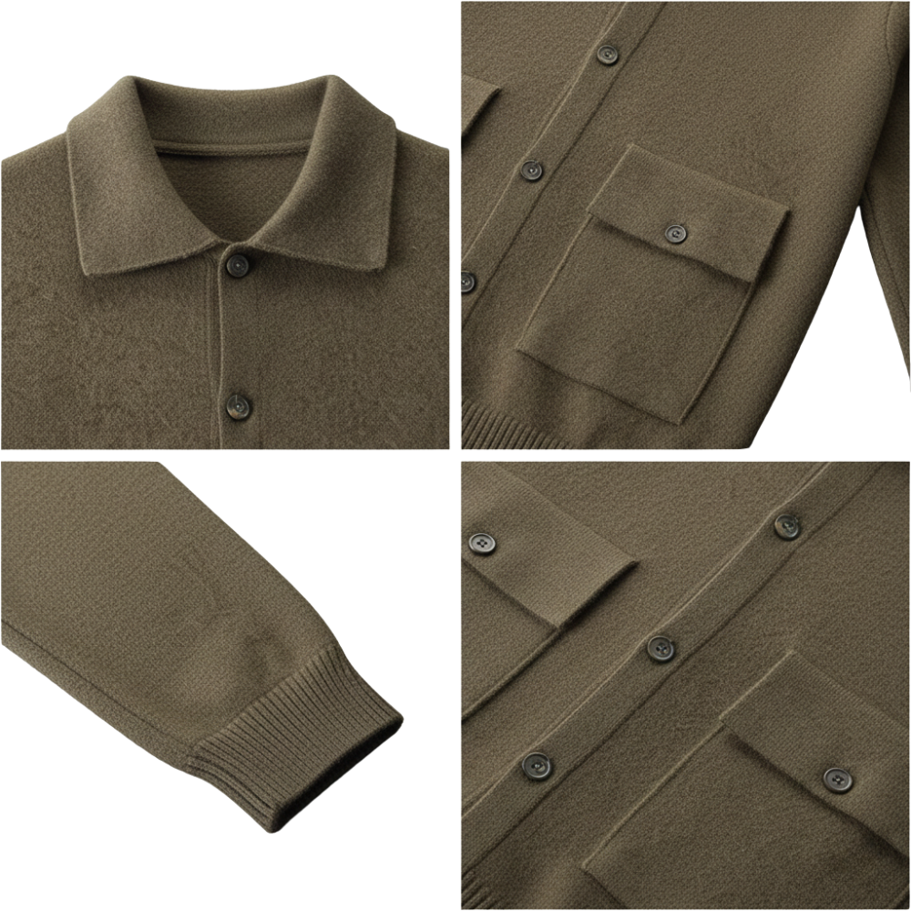 Cztery zbliżenia kurtki męskiej Arkadya Outlet zapinanej na guziki z kołnierzem i kieszeniami z oliwkowozielonej wełny, przedstawiające kołnierz, guziki, kieszeń na piersi z patką i prążkowany mankiet rękawa.