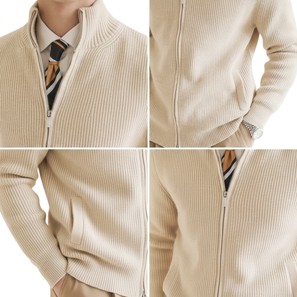 Kolaż czterech zbliżeń przedstawia osobę ubraną w Arkadya Outlet Kardigan męski zapinany na zamek błyskawiczny dopasowany krój na białej koszuli, krawacie w paski i beżowych spodniach, z rękami w kieszeniach na dwóch zdjęciach.