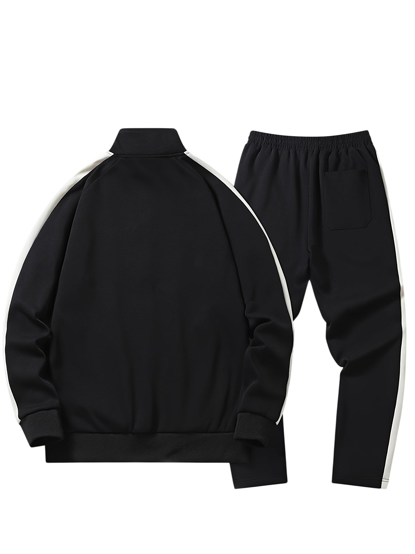 Arkadya Outlet Komplet dresowy męski dwuczęściowy codzienny strój to czarny zestaw z białymi paskami po bokach, w tym bluzka z długim rękawem zapinana na suwak i dopasowane spodnie z elastycznym pasem i tylną kieszenią, pokazane na białym tle.