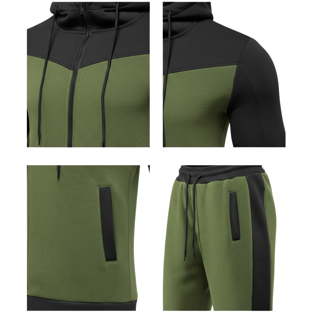 Kolaż przedstawia Arkadya Outlet Komplet dresowy męski dwuczęściowy z kapturem i dresami, wyposażony w zapinaną na zamek bluzę z kapturem ze sznurkami i dopasowane spodnie dresowe z elastyczną talią i bocznymi kieszeniami.