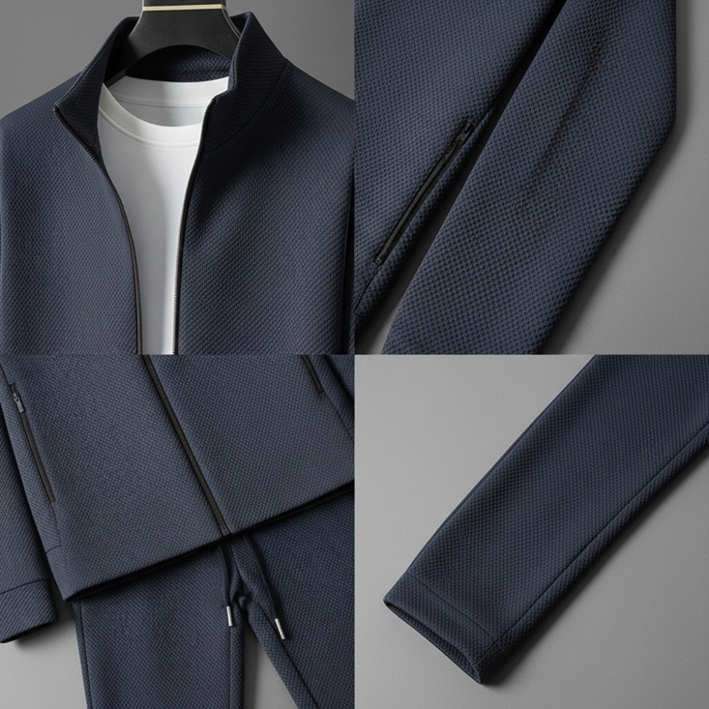 Cztery zbliżenia modelu Arkadya Outlet Komplet dresowy męski dwuczęściowy zestaw z bluzą i spodniami w kolorze granatowym na wieszaku, podkreślające kołnierz, rękaw, kieszenie zapinane na zamek oraz spodnie jogger z białym T-shirtem - idealne do noszenia na co dzień.