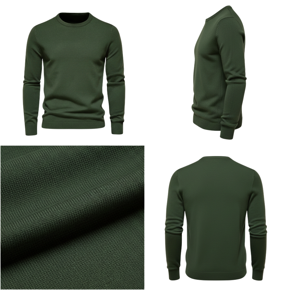 Arkadya Outlet Sweter dzianinowy męski długi rękaw pulower w kolorze ciemnozielonym pokazano z przodu, z boku i z tyłu, a także zbliżenie na teksturowaną dzianinę - idealną jako sweter codzienny do wszechstronnego stylu.