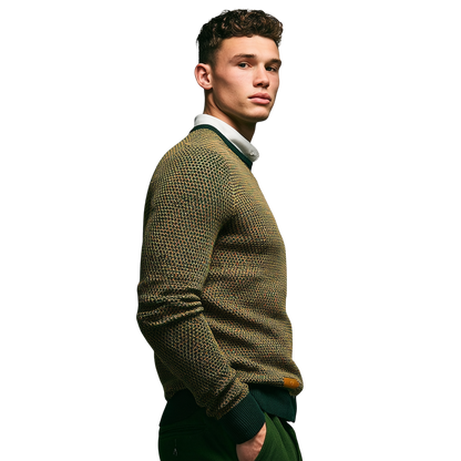 Zielony męski sweter dzianinowy; widok z przodu na modelu.