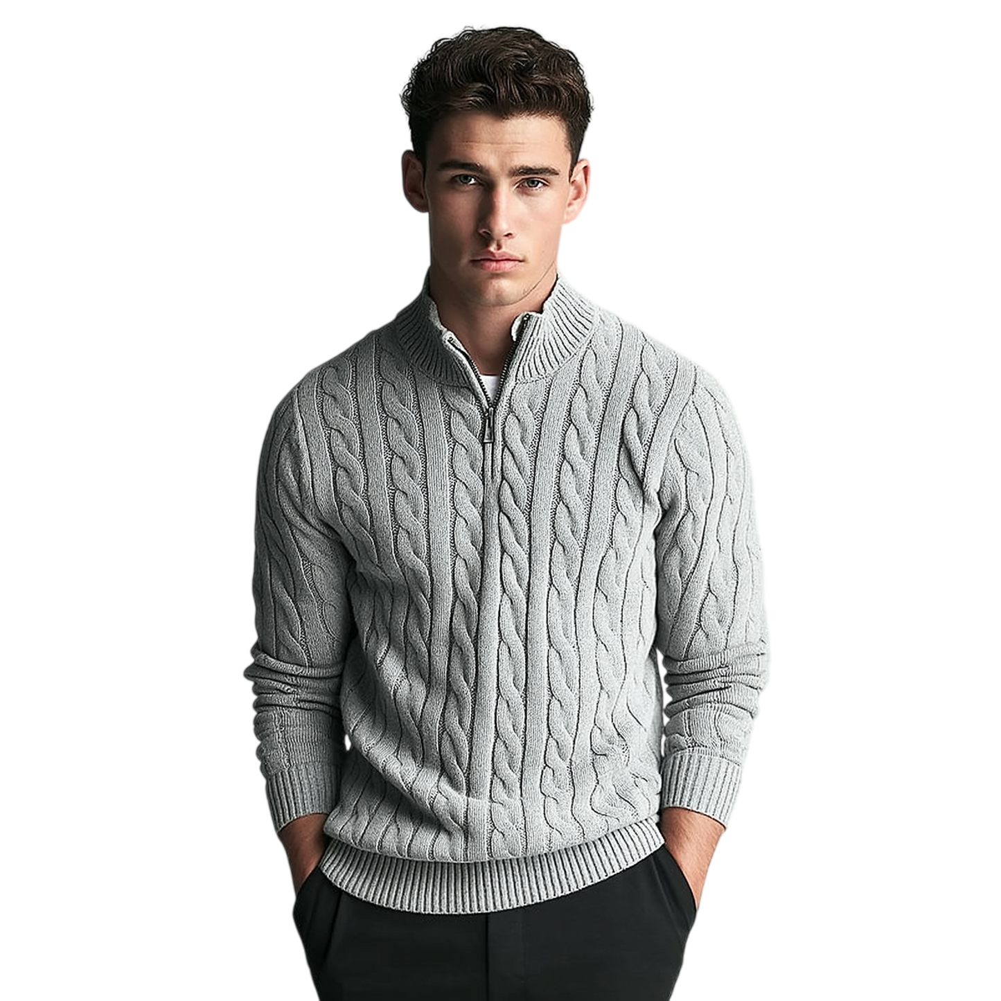 Jasnoszary męski sweter dzianinowy z warkoczowym wzorem, kołnierz zapinany na zamek 1/4, długi rękaw