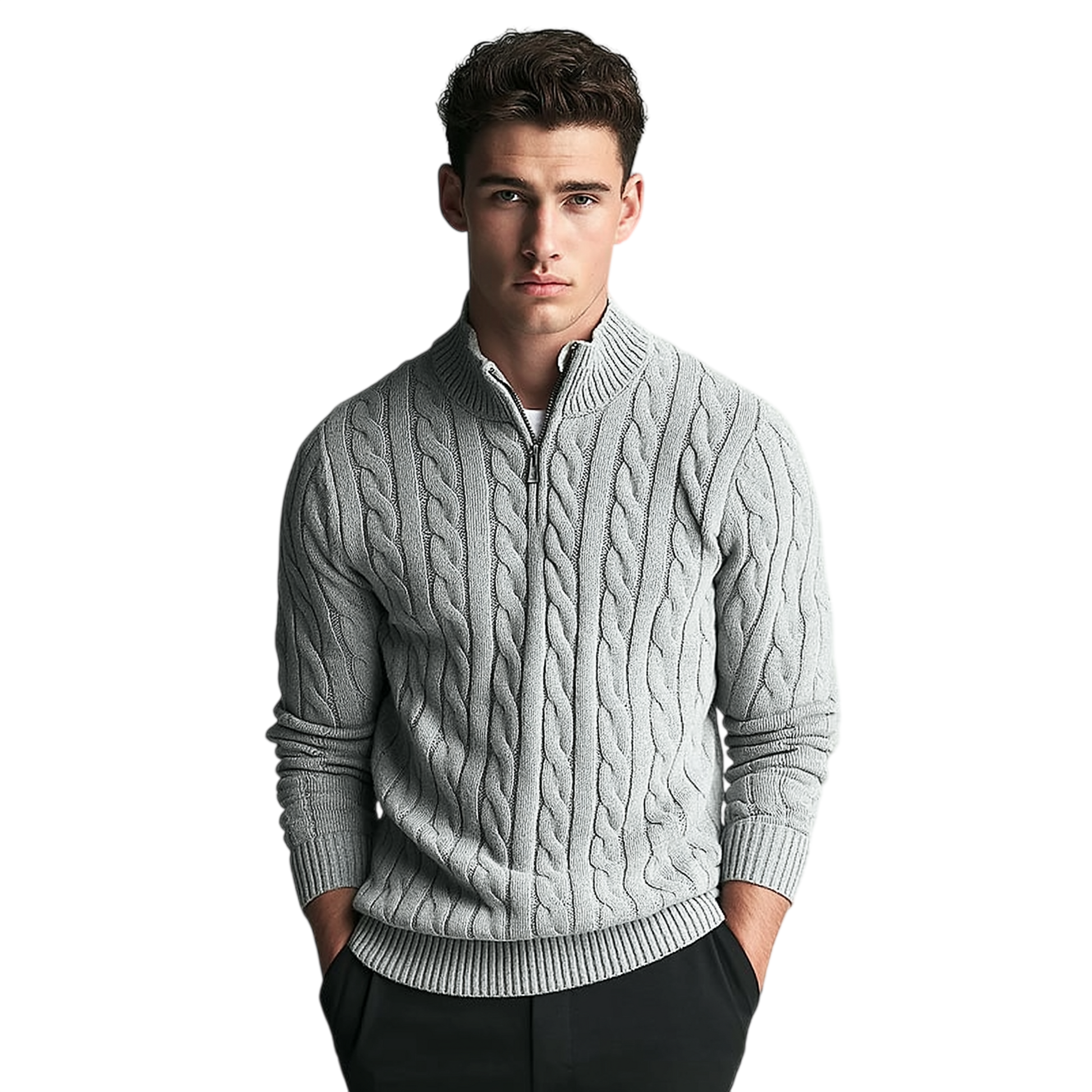 Jasnoszary męski sweter dzianinowy z warkoczowym wzorem, kołnierz zapinany na zamek 1/4, długi rękaw