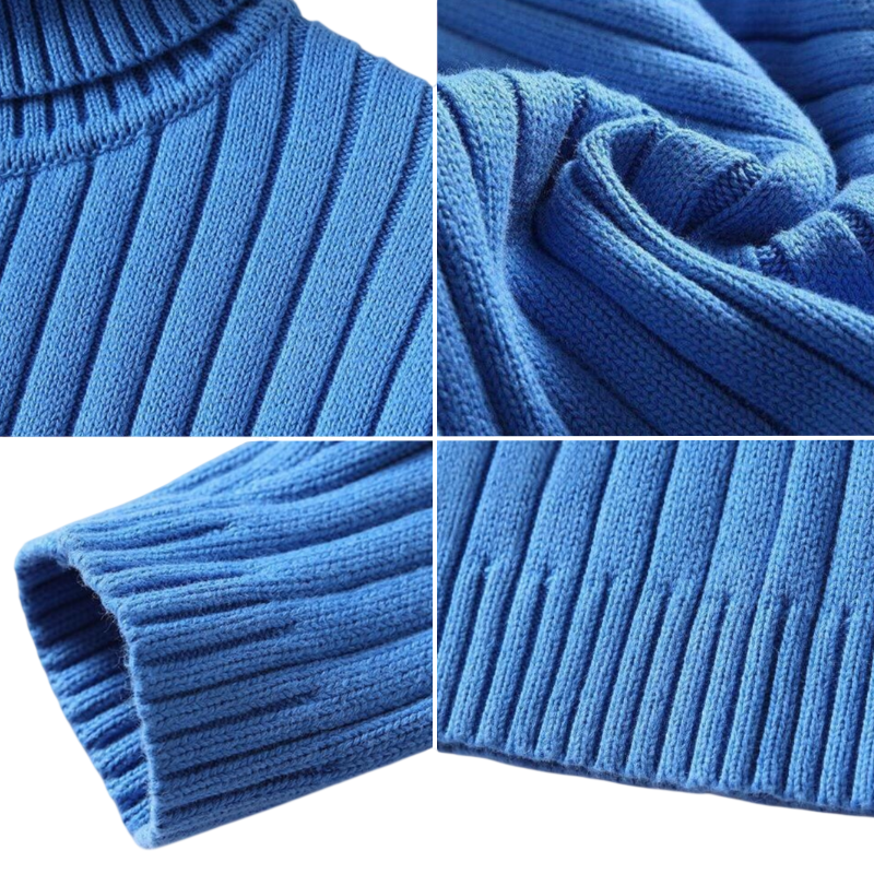 Zbliżenie na kolaż męskiego długiego rękawa sweter dzianinowy Arkadya Outlet Golf w kolorze niebieskim, podkreślający szyję, rękaw, fakturę materiału korpusu i dolne obszycie. Dzianinowy wzór i miękka faktura są wyraźnie widoczne w każdej sekcji.