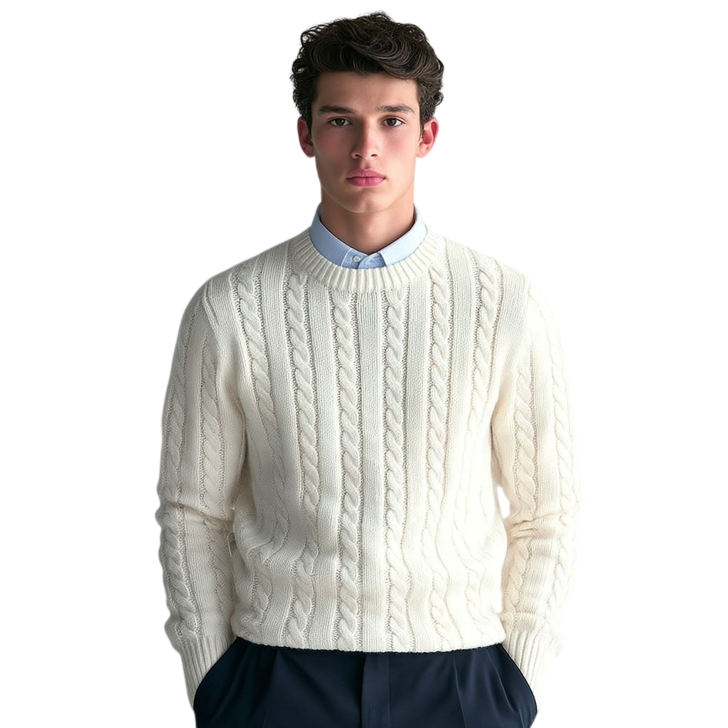 Młody mężczyzna o krótkich, ciemnych włosach nosi męski dzianinowy dekolt Arkady Outlet okrągły długi rękaw regularny krój na jasnoniebieskiej koszuli z kołnierzykiem i ciemnych spodniach, stojąc na prostym białym tle z neutralnym wyrazem twarzy.